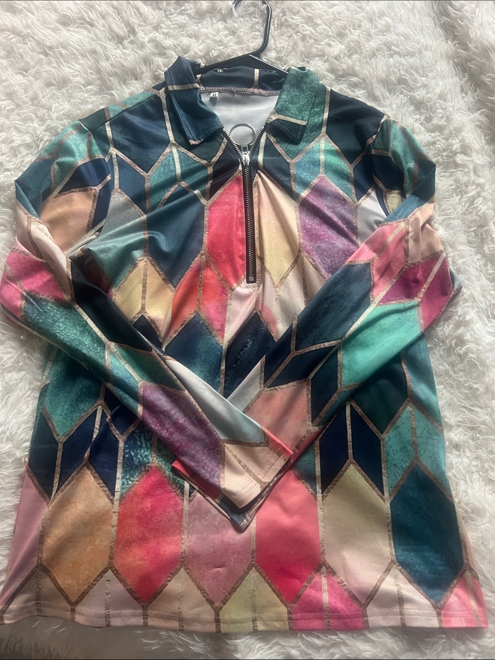 Colorful Geometric Zip-Front Long Sleeve Top